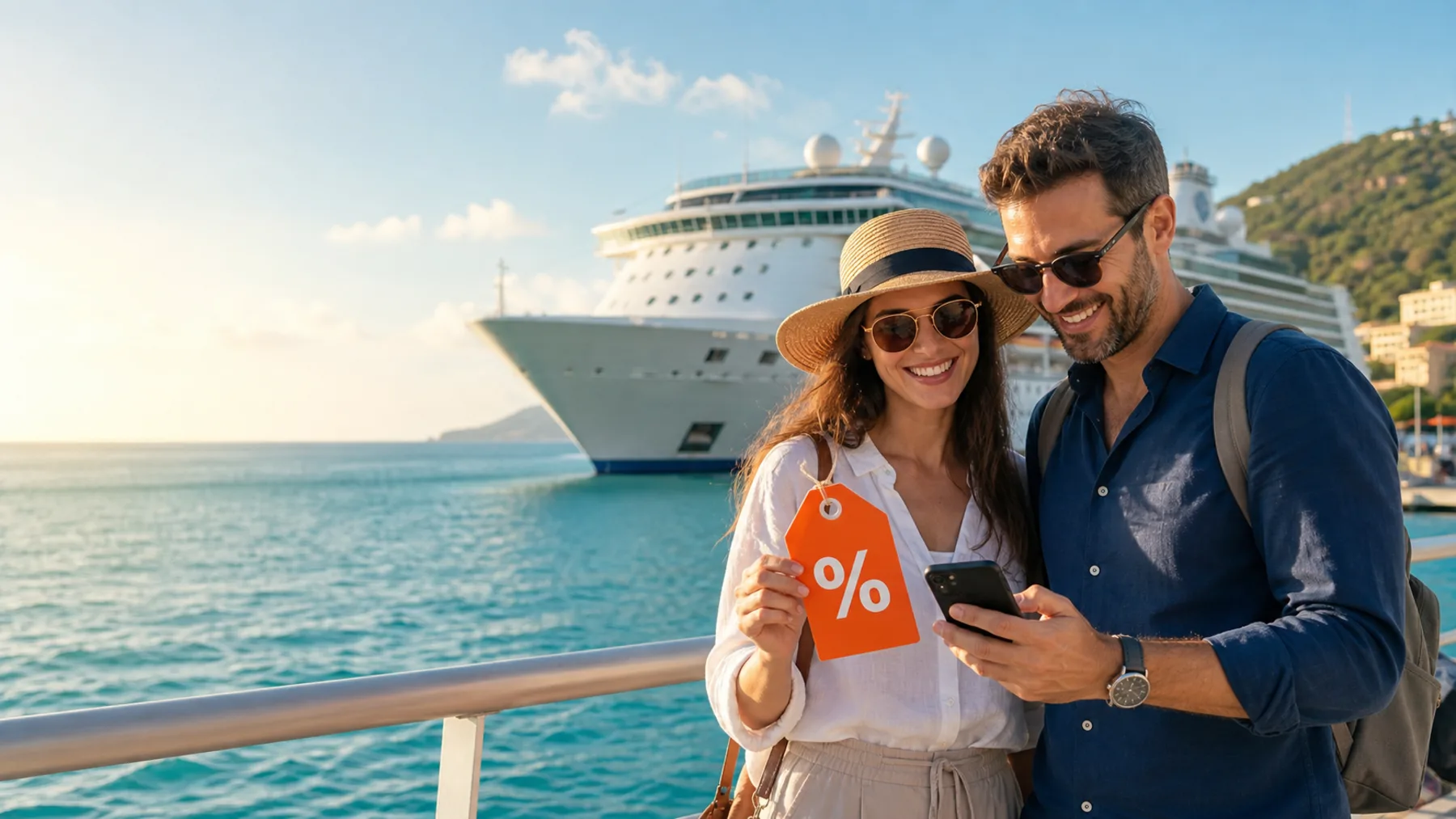 Viajeros con etiqueta de descuento frente a un crucero